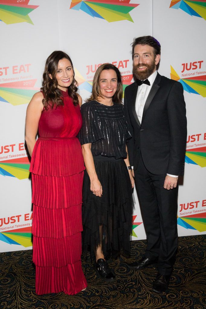 Host Louise Duffy; Edel Kinane, Marketing Director, Just Eat Ireland; and award host Colm O'Regan at the fourth annual Just Eat National Takeaway Awards (17th October 2017). Pic: Naoise Culhane