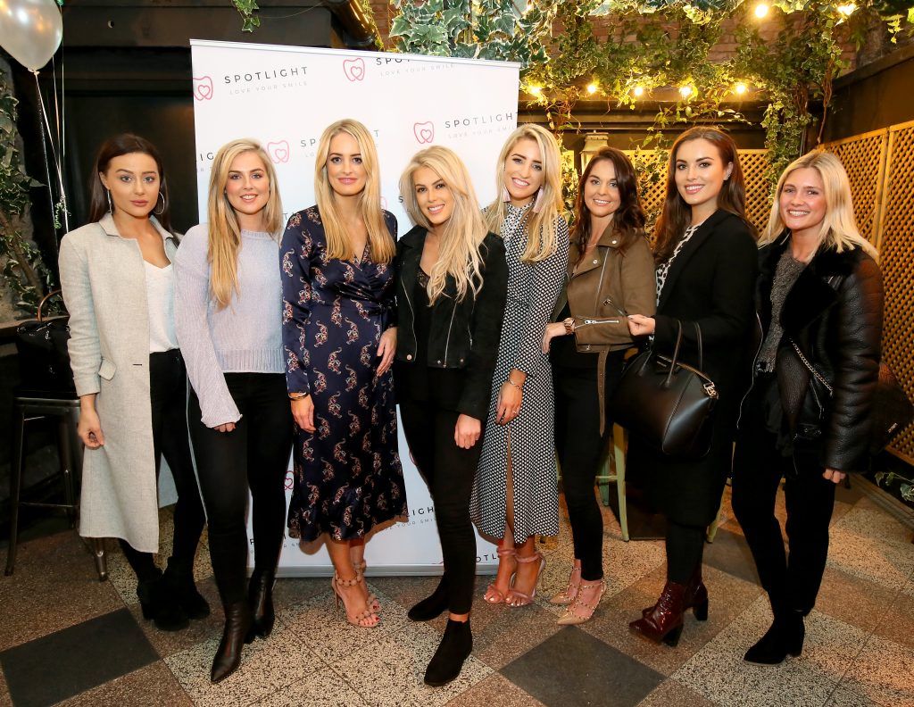Pictured are, from left, Sophie Kavanagh, Aime Connolly, Dr Lisa Creaven, Chloe Boucher,  Dr Vanessa Creaven, Jane Swarbrigg, Holly Carpenter and Niamh Cullen at the Spotlight Whitening Launch event on 26th October at Nolita, George’s Street. PHOTO: Mark Stedman