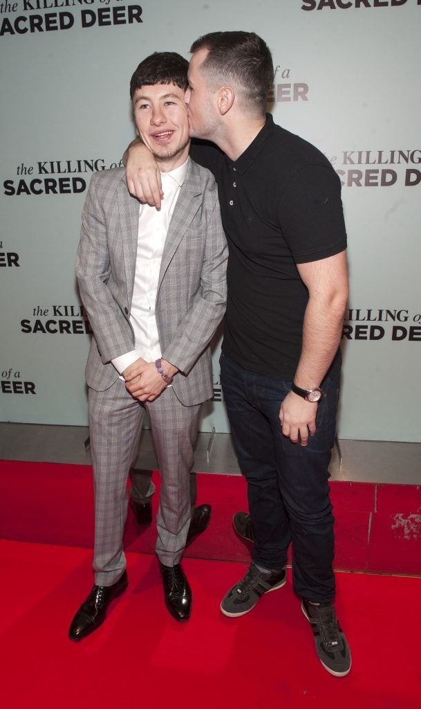 Barry Keoghan gets a kiss from his brother Eric Keoghan at the Irish premiere of The Killing of a Sacred Deer at Light House Cinema Smithfield Pic: Patrick O'Leary