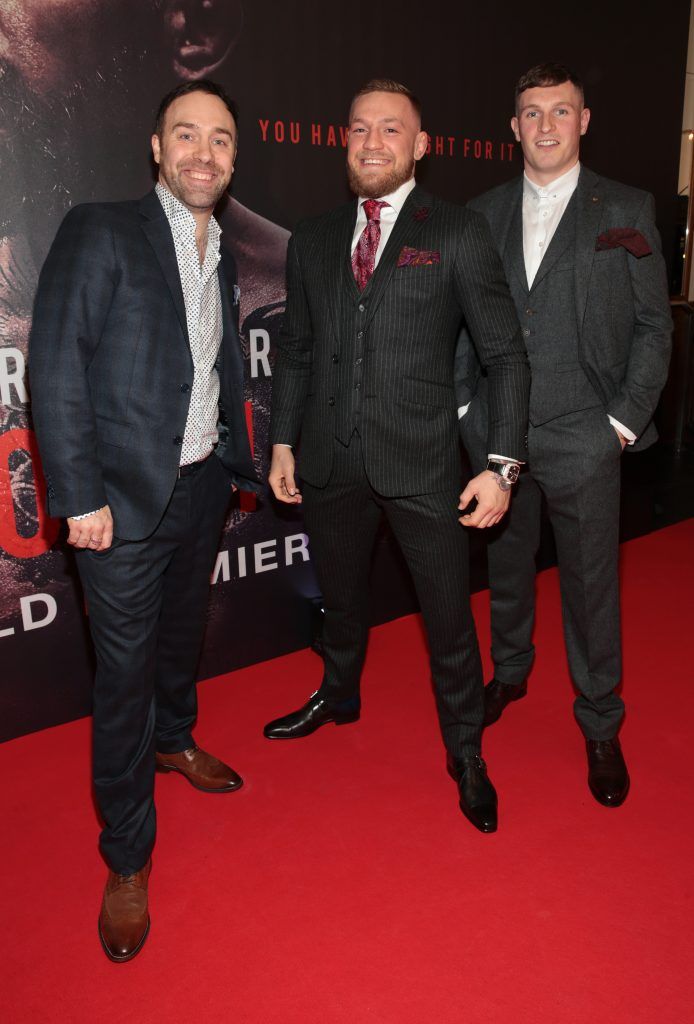 Producer Jamie D'alton, Conor McGregor and Director Gavin Fitzgerald at the world premiere of Conor McGregor: Notorious at the Savoy Cinema, Dublin. Picture: Brian McEvoy