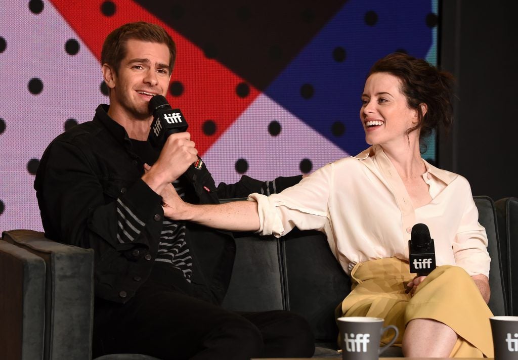 Andrew Garfield and Claire Foy speak onstage at "Breathe" press conference during 2017 Toronto International Film Festival at TIFF Bell Lightbox on September 12, 2017 in Toronto, Canada.  (Photo by Kevin Winter/Getty Images)