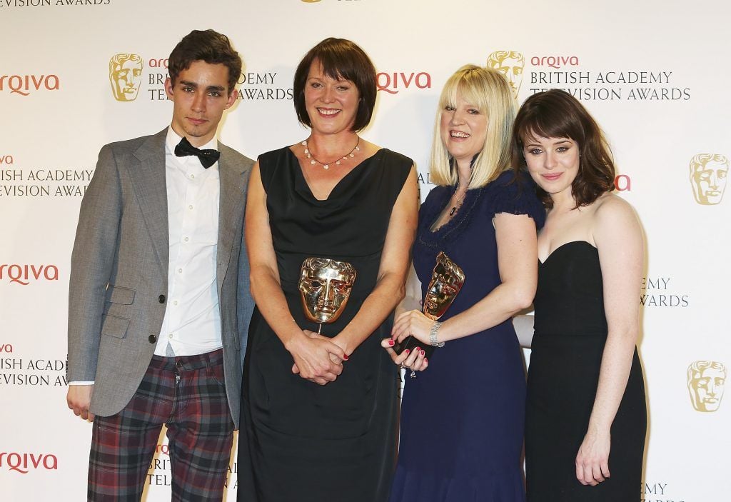 Robert Sheehan, winners of Best Single Drama Polly Leys and Kate Norrish, and actress Claire Foy pose in front of the winners boards at The 2012 Arqiva British Academy Television Awards at the Royal Festival Hall on May 27, 2012 in London, England.  (Photo by Tim Whitby/Getty Images)