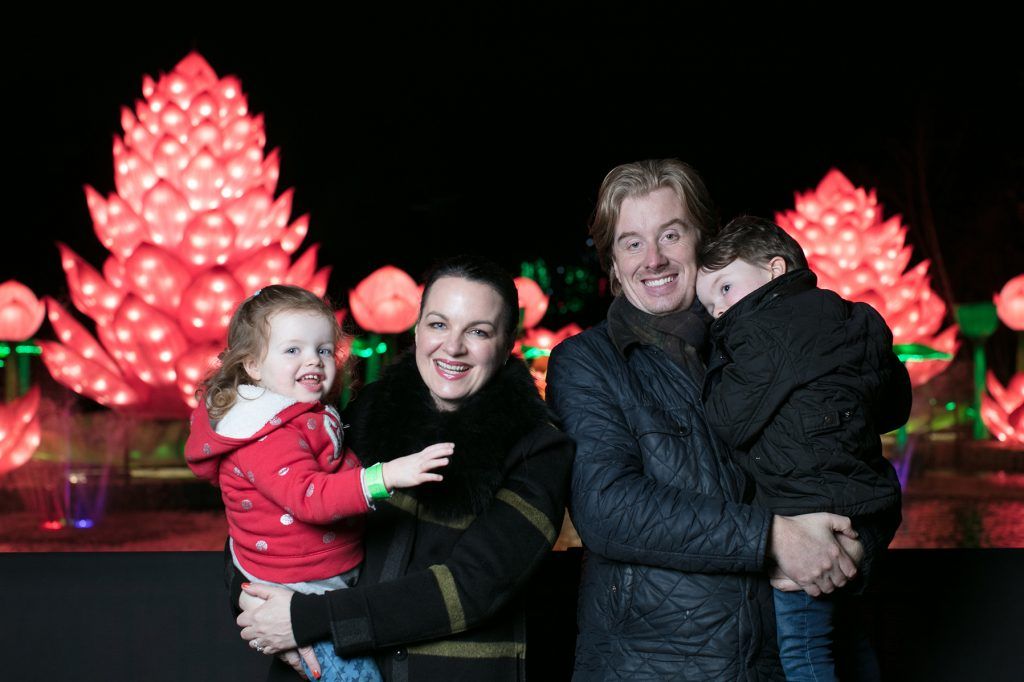 Mini White, Triona McCarthy, Maxi White and William White at the opening of Wildlights at Dublin Zoo on 1st November 2017. Photo: Patrick Bolger
