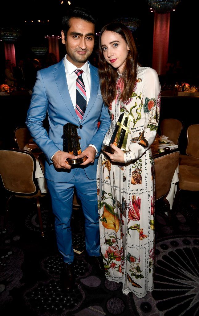 Honorees Kumail Nanjiani (L) and Zoe Kazan, co-recipients of the Hollywood Comedy Ensemble Award for 'The Big Sick,' attend the 21st Annual Hollywood Film Awards at The Beverly Hilton Hotel on November 5, 2017 in Beverly Hills, California.  (Photo by Frazer Harrison/Getty Images for HFA)