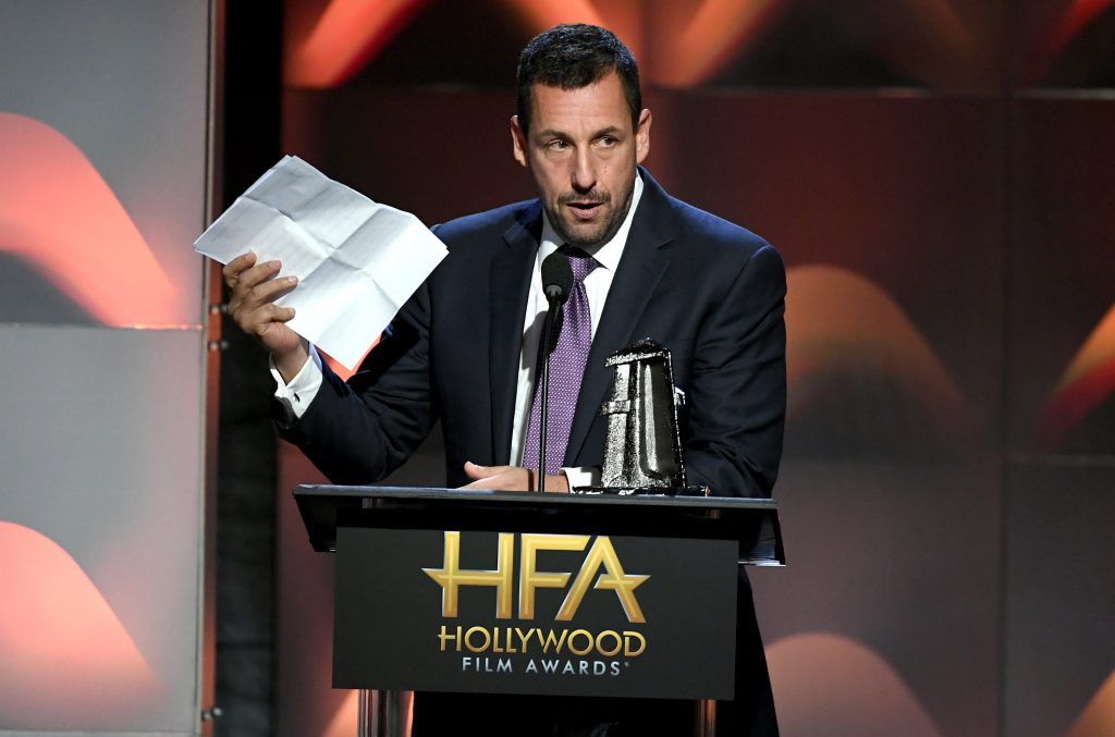 Honoree Adam Sandler accepts the Hollywood Comedy Award for 'The Meyerowitz Stories' onstage during the 21st Annual Hollywood Film Awards at The Beverly Hilton Hotel on November 5, 2017 in Beverly Hills, California.  (Photo by Kevin Winter/Getty Images)