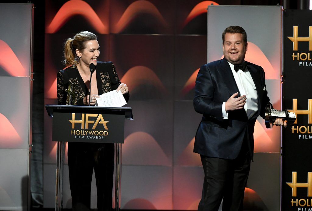 Honoree Kate Winslet accepts the Hollywood Actress Award for 'Wonder Wheel' from host James Corden onstage during the 21st Annual Hollywood Film Awards at The Beverly Hilton Hotel on November 5, 2017 in Beverly Hills, California.  (Photo by Kevin Winter/Getty Images)