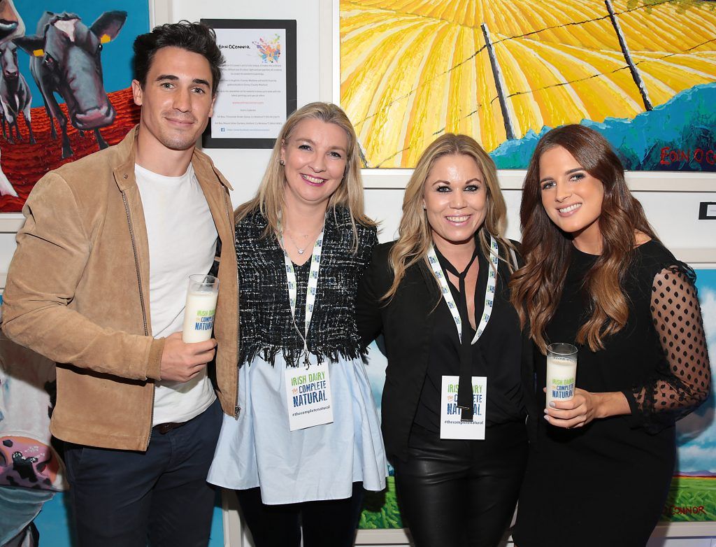 Josh Patterson and Binky Felstead with Janet Barrett and Natalie Bolger at the launch of the National Dairy Council's Complete Natural Pop up Dairy Cafe on South William Street, Dublin. Photo: Brian McEvoy