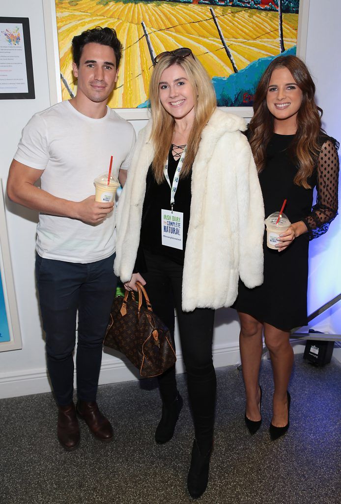 Josh Patterson and Binky Felstead and guest at the launch of the National Dairy Council's Complete Natural Pop up Dairy Cafe on South William Street, Dublin. Photo: Brian McEvoy