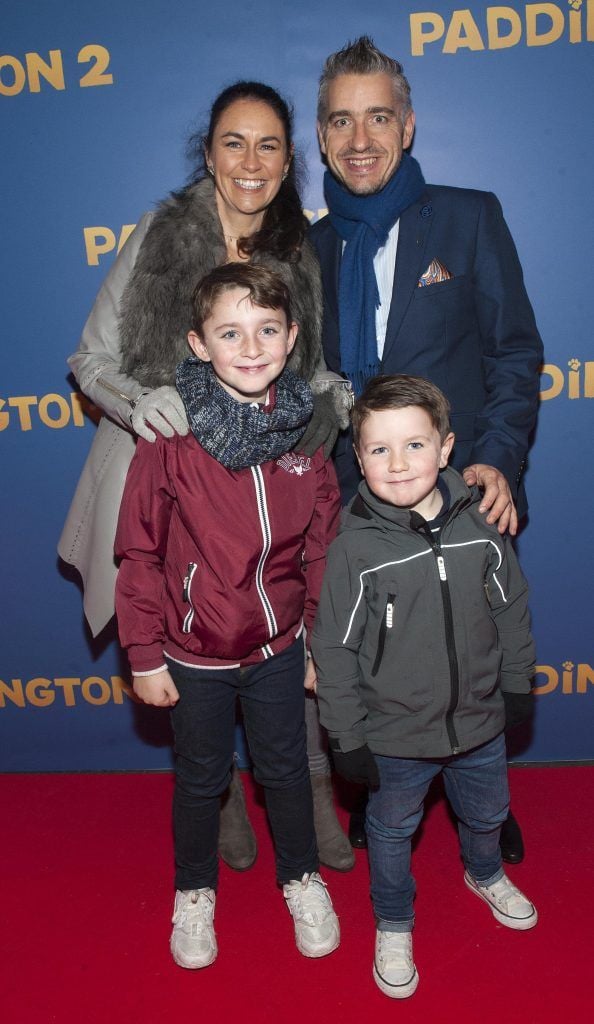 Yvonne Cullen, Rob Cullen, Liam Cullen (age 9) and Tommy Cullen (age4) pictured at the Paddington 2 premiere in Odeon Point Square, Dublin. Photo: Patrick O'Leary