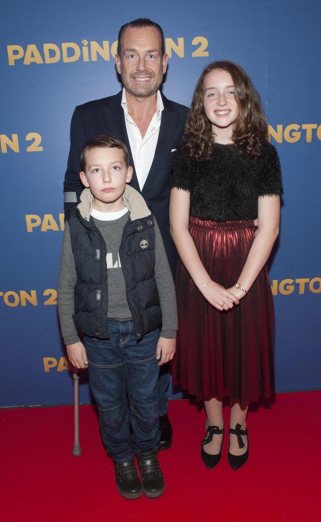 Mark Mahon, Ryan Mahon (age9) and Maya Mahon (age11) pictured at the Paddington 2 premiere in Odeon Point Square, Dublin. Photo: Patrick O'Leary