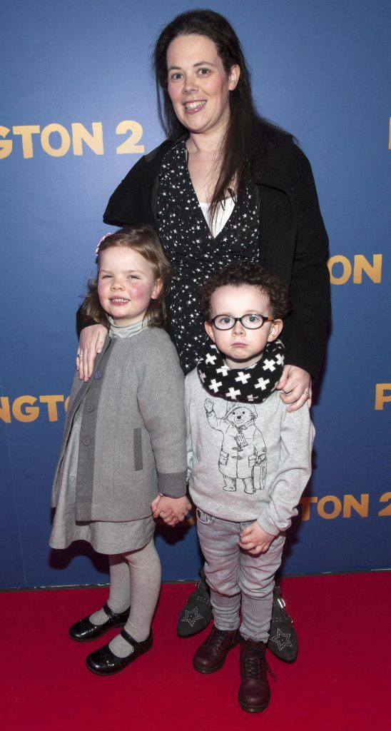 Laura Connolly, Marnie Bailey (age5) and Michael Connolly (age4) pictured at the Paddington 2 premiere in Odeon Point Square, Dublin. Photo: Patrick O'Leary
