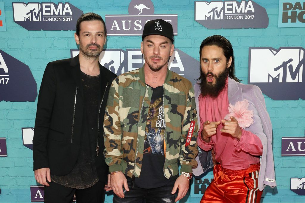 (L-R) Tomo Milicevic, Shannon Leto and Jared Leto of Thirty Seconds to Mars attend the MTV EMAs 2017 held at The SSE Arena, Wembley on November 12, 2017 in London, England.  (Photo by Andreas Rentz/Getty Images for MTV)