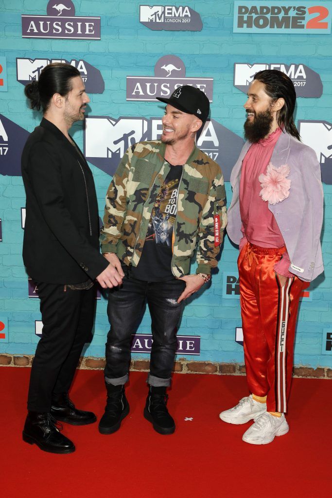 (L-R) Tomo Milicevic, Shannon Leto and Jared Leto of Thirty Seconds to Mars attend the MTV EMAs 2017 held at The SSE Arena, Wembley on November 12, 2017 in London, England.  (Photo by Andreas Rentz/Getty Images for MTV)