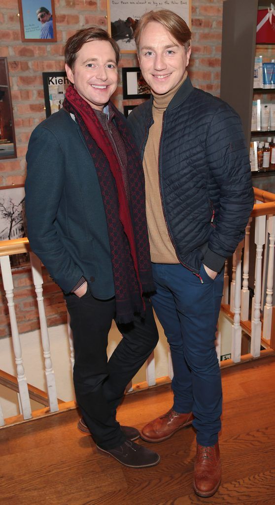 Norman Pratt and Shane Morgan pictured at the Kiehl's Christmas celebration at the Kiehl's boutique on Wicklow Street, Dublin. Photo: Brian McEvoy