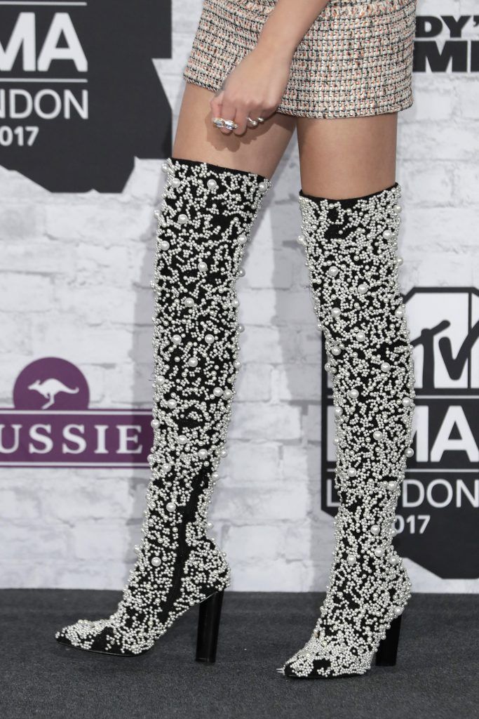 Becca Dudley, boot detail, poses in the winner's room during the MTV EMAs 2017 held at The SSE Arena, Wembley on November 12, 2017 in London, England.  (Photo by John Phillips/Getty Images for MTV)