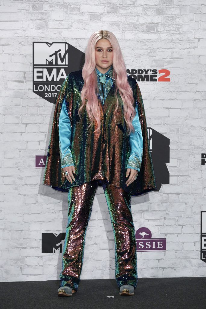 Kesha poses in the winner's room during the MTV EMAs 2017 held at The SSE Arena, Wembley on November 12, 2017 in London, England.  (Photo by John Phillips/Getty Images for MTV)