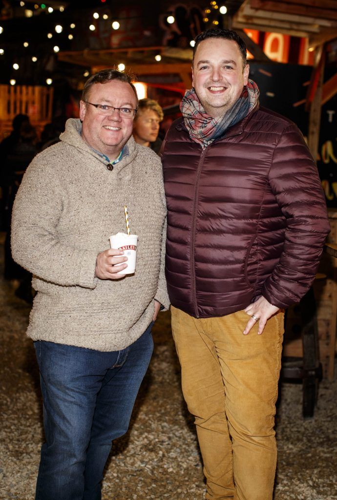 Graham Herterich and Daithi Kelleher pictured on the opening night of Baileys Treatyard. Baileys is partnering with Dublin's Eatyard to create a deliciously indulgent experience, taking place until Sunday 12 November 2017. Picture: Andres Poveda