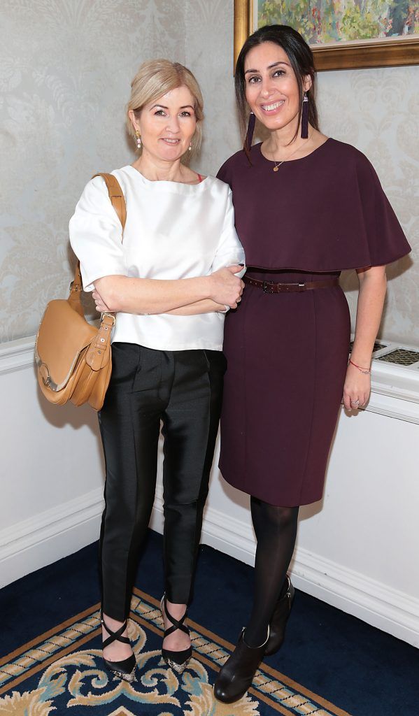 Sibhan Carnegie and Aishling Kilduff  at the annual Cari Charity Christmas lunch hosted by Miriam Ahern at the Shelbourne Hotel Dublin. Photo: Brian McEvoy