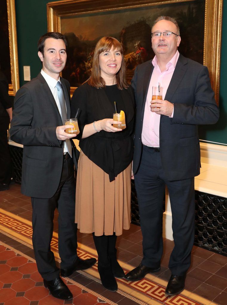 Vincent Borjon Prive, Elaine Cullen and Andy O'Hara at the announcement of the winner of the Hennessy Portrait Prize 2017 at the National Gallery of Ireland, 29th November 2017. Pic: Marc O'Sullivan