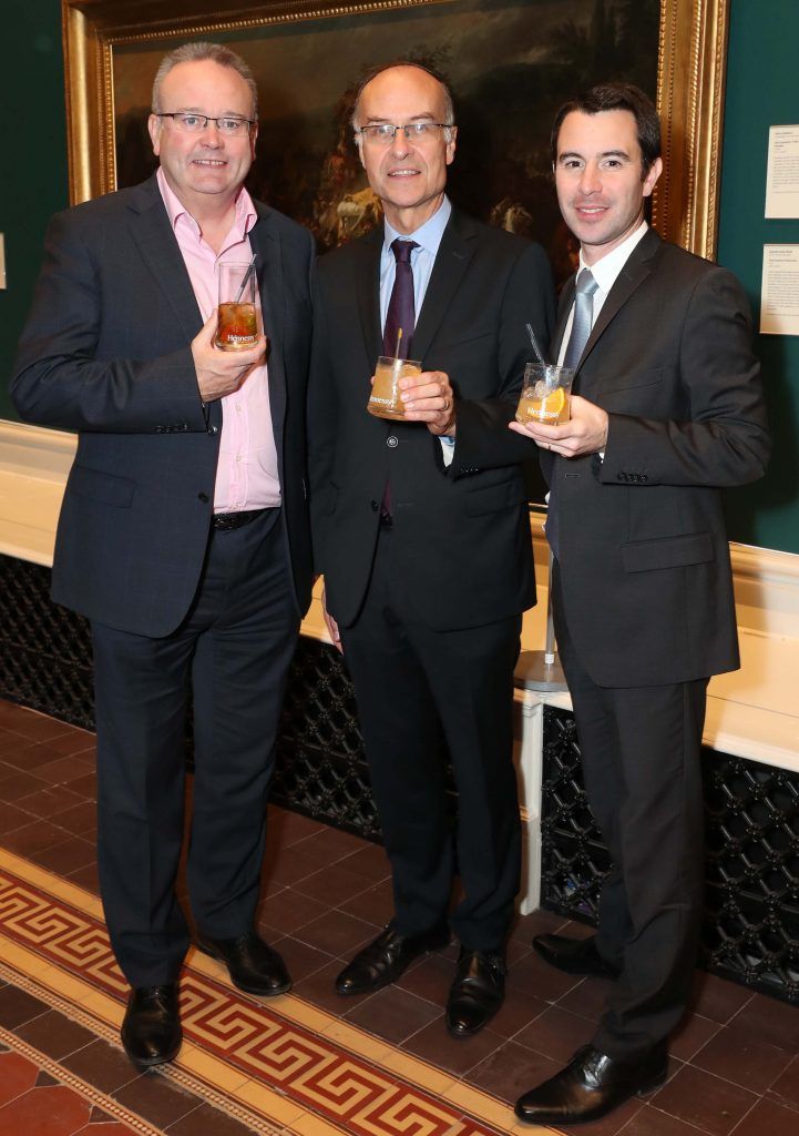 Andy O'Hara, Guillame de Guitaut and Vincent Borjon Prive at the announcement of the winner of the Hennessy Portrait Prize 2017 at the National Gallery of Ireland, 29th November 2017. Pic: Marc O'Sullivan