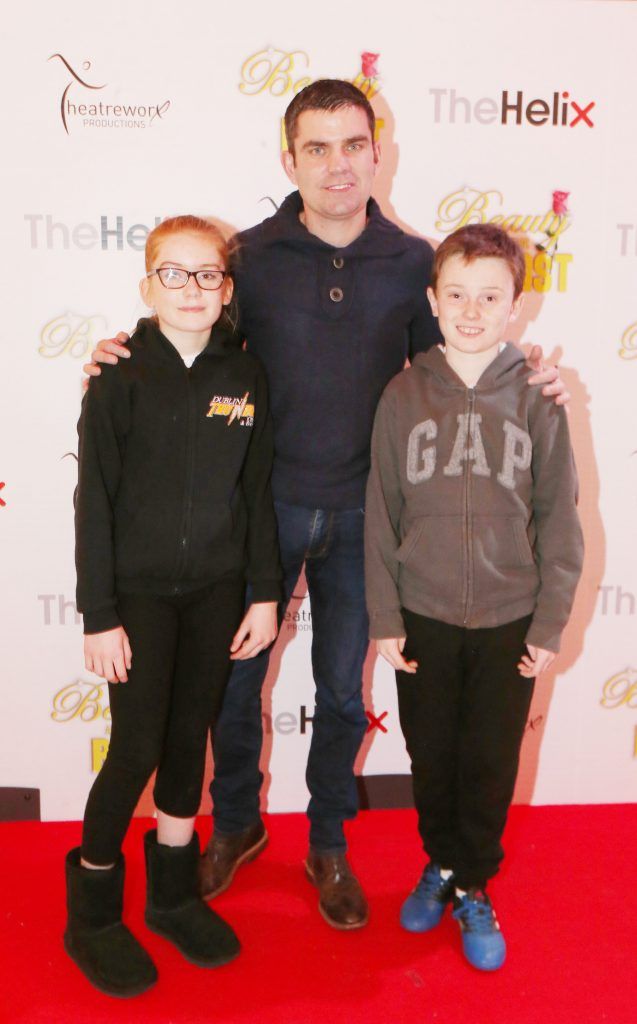 Former World Champion boxer Bernard Dunne with his children Caoimhe and Finnian pictured with her children Finn and JJ at the opening night of The Helix Pantomime, Beauty and the Beast. Photo: Leon Farrell/Photocall Ireland