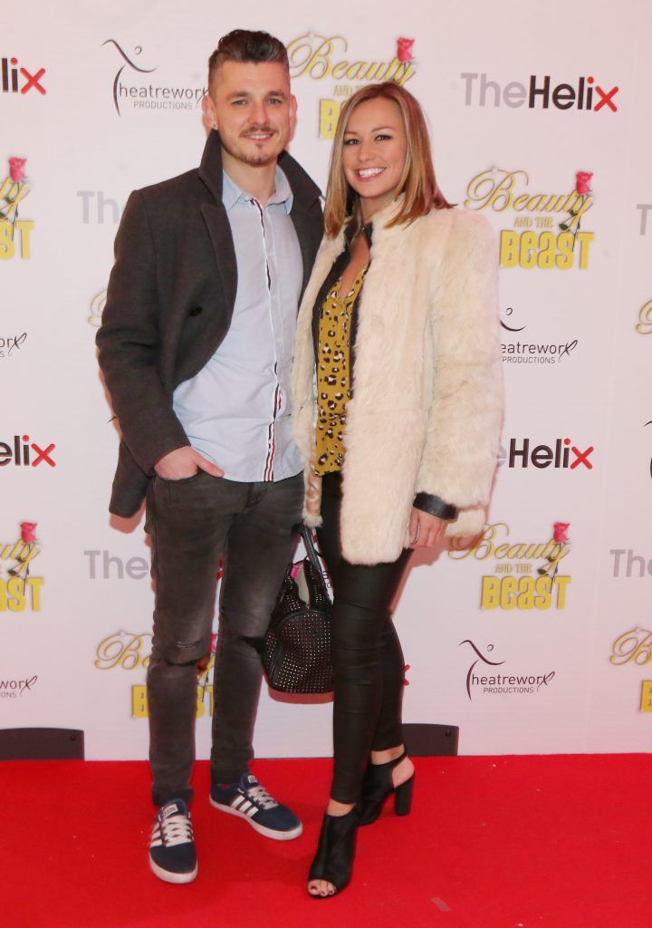 Conor Field and Laura Dempsey pictured with her children Finn and JJ at the opening night of The Helix Pantomime, Beauty and the Beast. Photo: Leon Farrell/Photocall Ireland