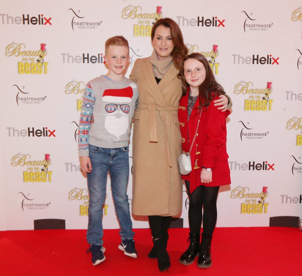 Mairead Farrell and her son Dara and niece Rricia Farrell pictured with her children Finn and JJ at the opening night of The Helix Pantomime, Beauty and the Beast. Photo: Leon Farrell/Photocall Ireland