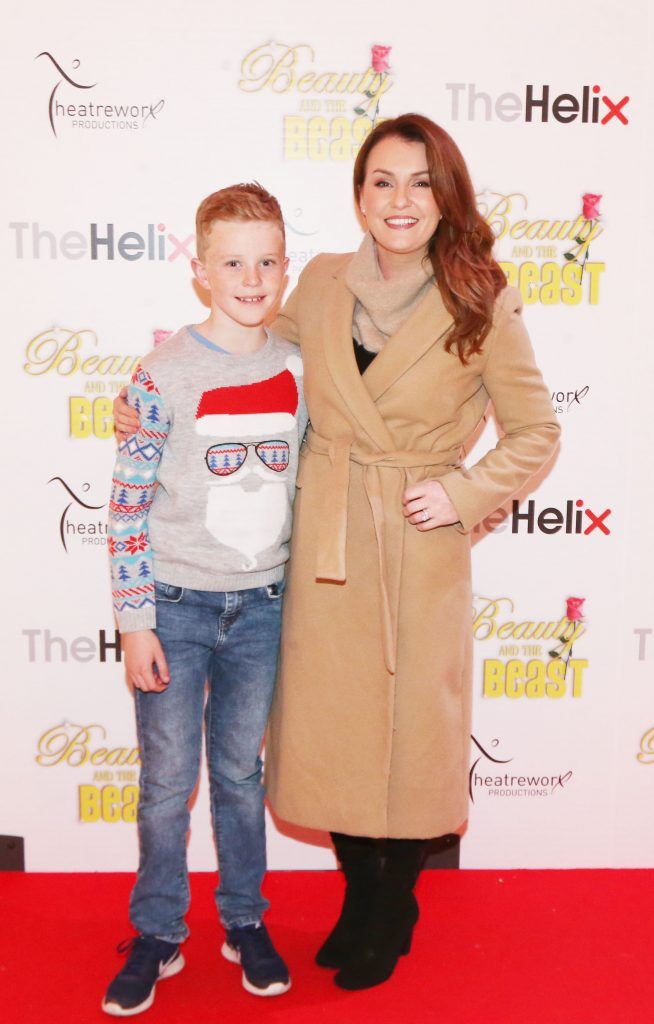 Mairead Farrell and her son Dara pictured with her children Finn and JJ at the opening night of The Helix Pantomime, Beauty and the Beast. Photo: Leon Farrell/Photocall Ireland