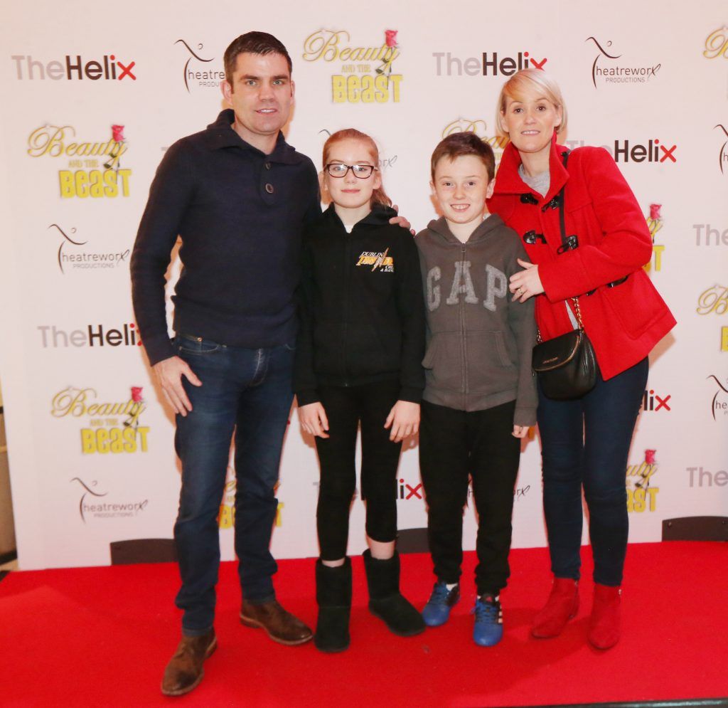 Former World Champion boxer Bernard Dunne with his wife Pamela and children Caoimhe and Finnian  pictured with her children Finn and JJ at the opening night of The Helix Pantomime, Beauty and the Beast. Photo: Leon Farrell/Photocall Ireland