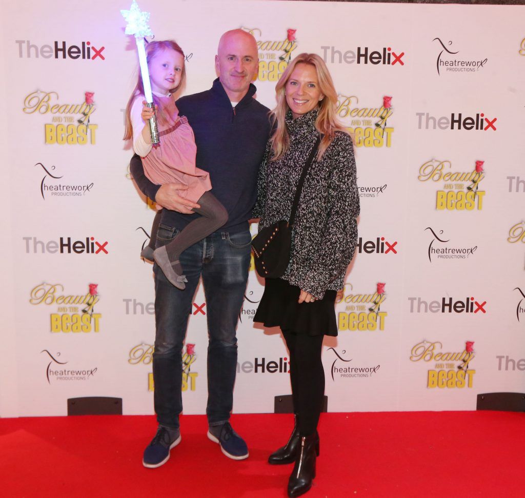 Niall Woods and his wife Lisa and daughter Marnie pictured with her children Finn and JJ at the opening night of The Helix Pantomime, Beauty and the Beast. Photo: Leon Farrell/Photocall Ireland