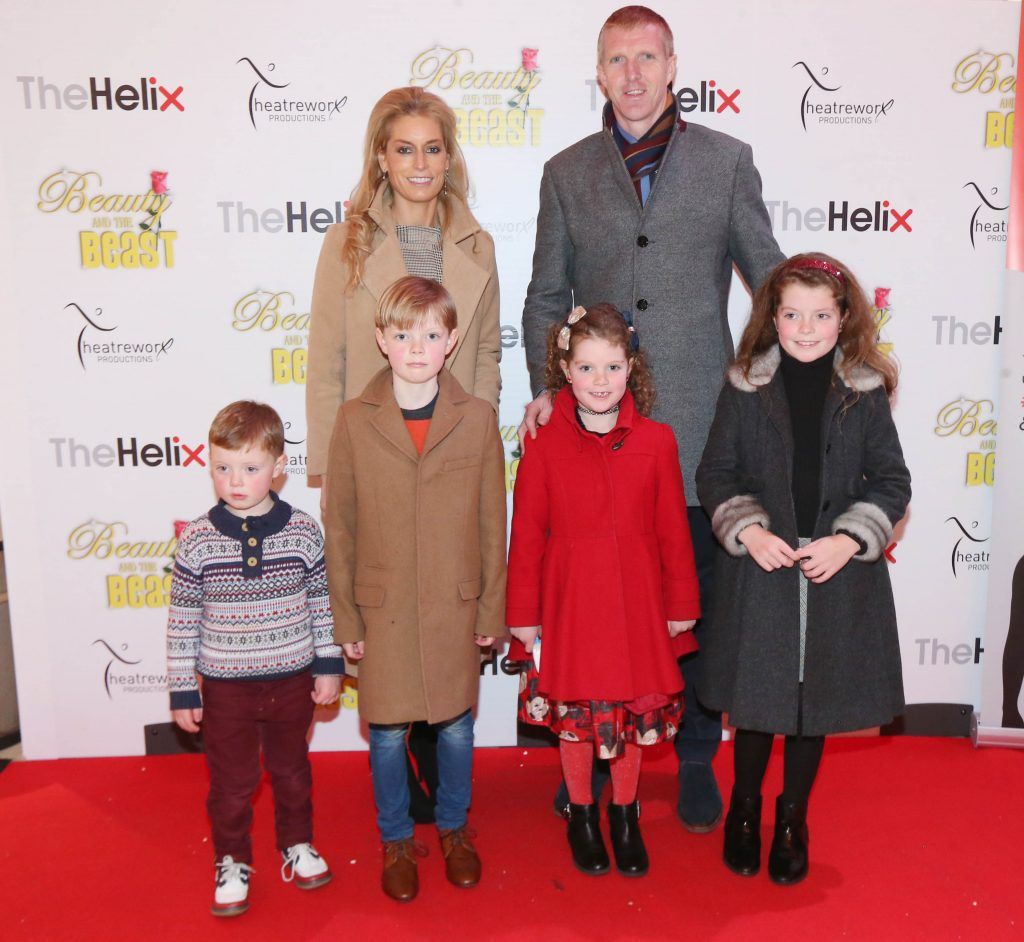 Former Kilkenny Hurler Henry Shefflin pictured with his wife and four children pictured with her children Finn and JJ at the opening night of The Helix Pantomime, Beauty and the Beast. Photo: Leon Farrell/Photocall Ireland