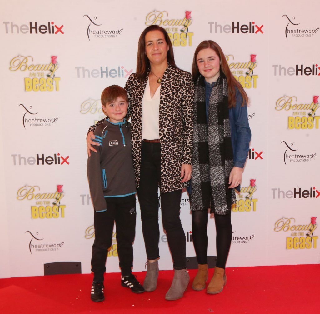Fionnula O Rourke with her children Donagh and Ellen pictured with her children Finn and JJ at the opening night of The Helix Pantomime, Beauty and the Beast. Photo: Leon Farrell/Photocall Ireland