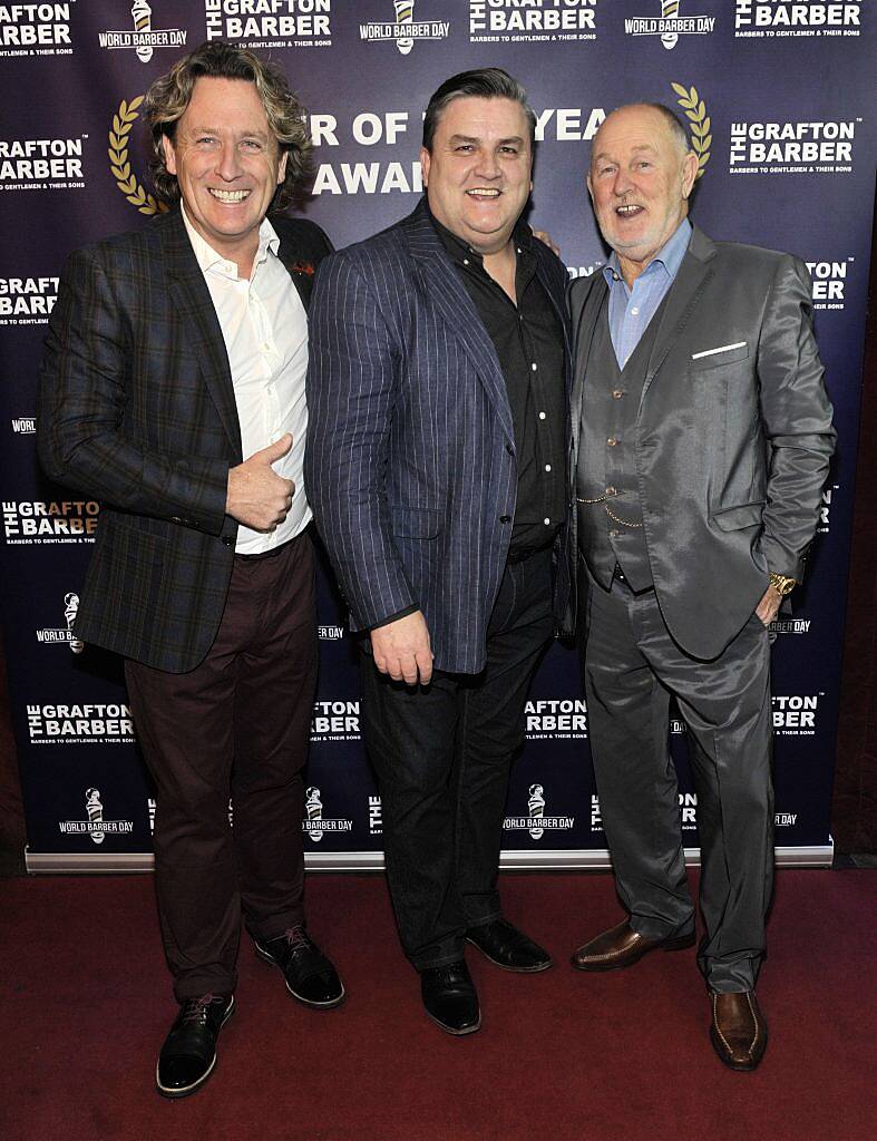 Hugh McAllister Jr,Simon Delaney and Hugh McAllister Snr at The Grafton Barber (Barber of the Year Awards 2017) in Everleigh Garden, Dublin. Photo: Patrick O'Leary