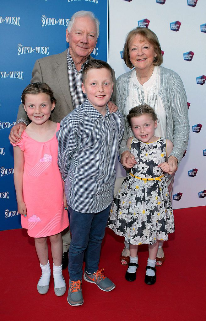 Gay Byrne and Kathleen Watkins with grand children  Sadhbh ,Cian and Saoirse O Byrne at the  opening night of The Sound of Music at The Bord Gais Energy Theatre Dublin...Pictures:Brian McEvoy