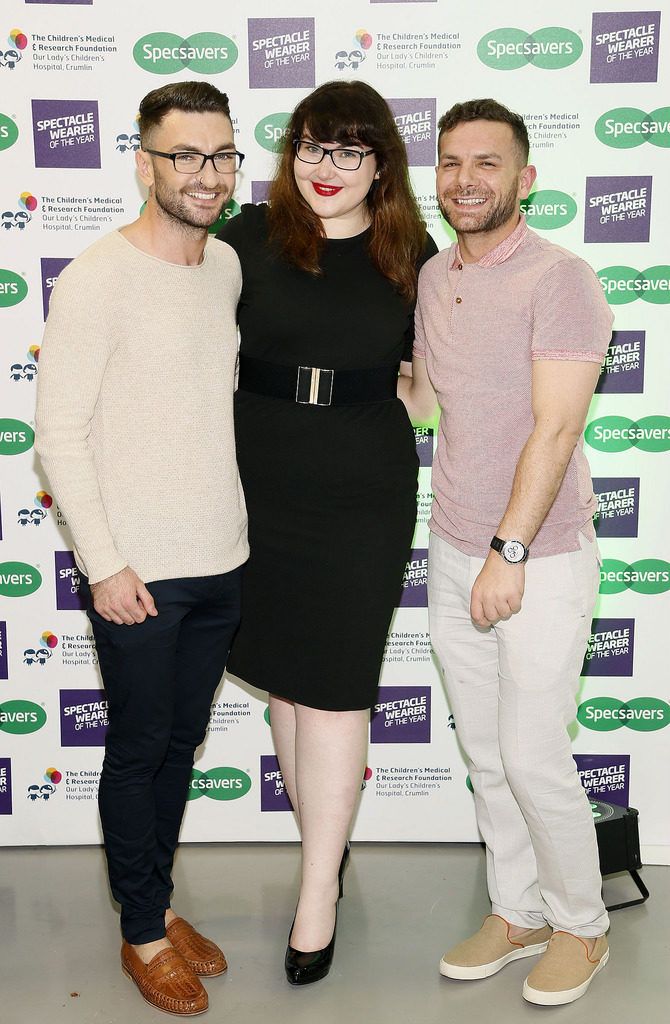 Neill Ryan, Sinead Kennedy and Mathew Ennis at the Irish Spectacle Wearer of the Year competition hosted by Specsavers and held in the RHA-photo Kieran Harnett
