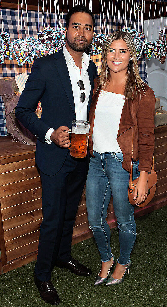 Vivek Iyenger and Jasmine O Brien  pictured at the #Lidl Oktoberfest to launch the Alpengut range of food in Lidl stores at Meeting House Square,Dublin..Picture: Brian McEvoy.