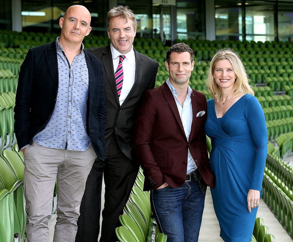 Tv3 Autumn Schedule launch at the Aviva Stadium Dublin.Conor Pope ,Donal McIntyre ,Jonathan McCrea and Pamela Flood.Picture Brian McEvoy.
