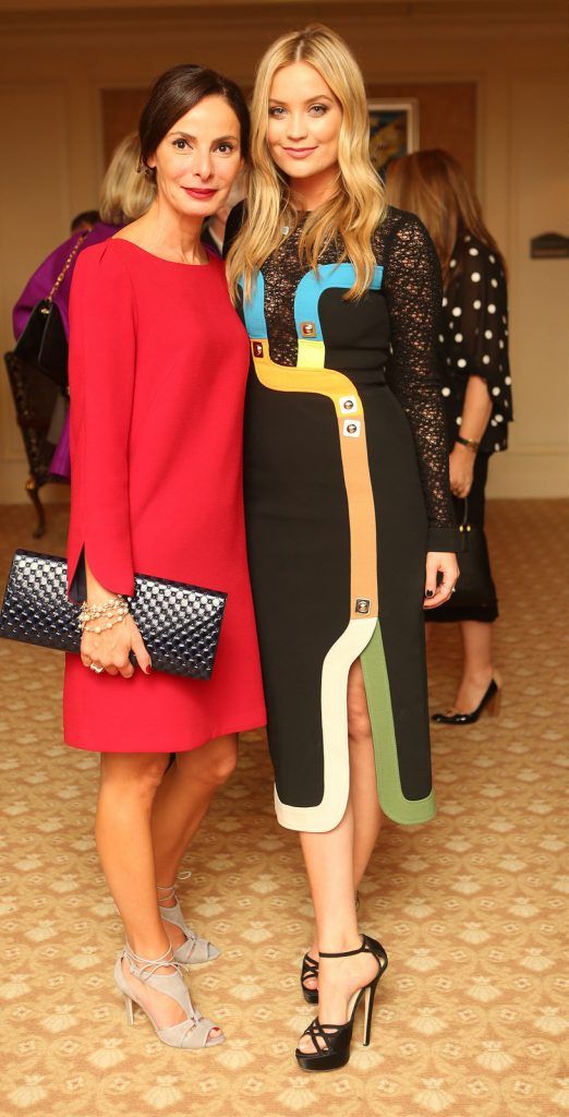 Pictured at the Brown Thomas / ISPCC charity luncheon at the Four Seasons Hotel in Dublin were (l to r): Caroline Sleiman and Laura Whitmore. Photograph: Leon Farrell / Photocall Ireland