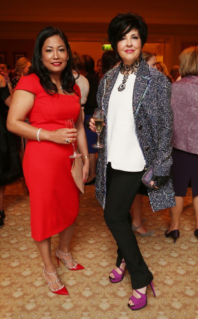 Pictured at the Brown Thomas / ISPCC charity luncheon at the Four Seasons Hotel in Dublin were (l to r): Cathy O’Mahoney and Elaine Bennett. Photograph: Leon Farrell / Photocall Ireland