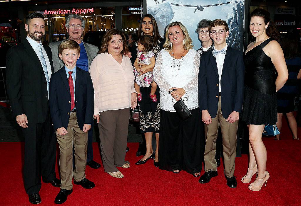 HOLLYWOOD, CA - SEPTEMBER 09: Dr.  Beck Weathers (second from left back row) and his family attend the Premiere of Universal Pictures' "Everest" at the TCL Chinese 6 Theatre on September 9, 2015 in Hollywood, California.  (Photo by Frederick M. Brown/Getty Images)