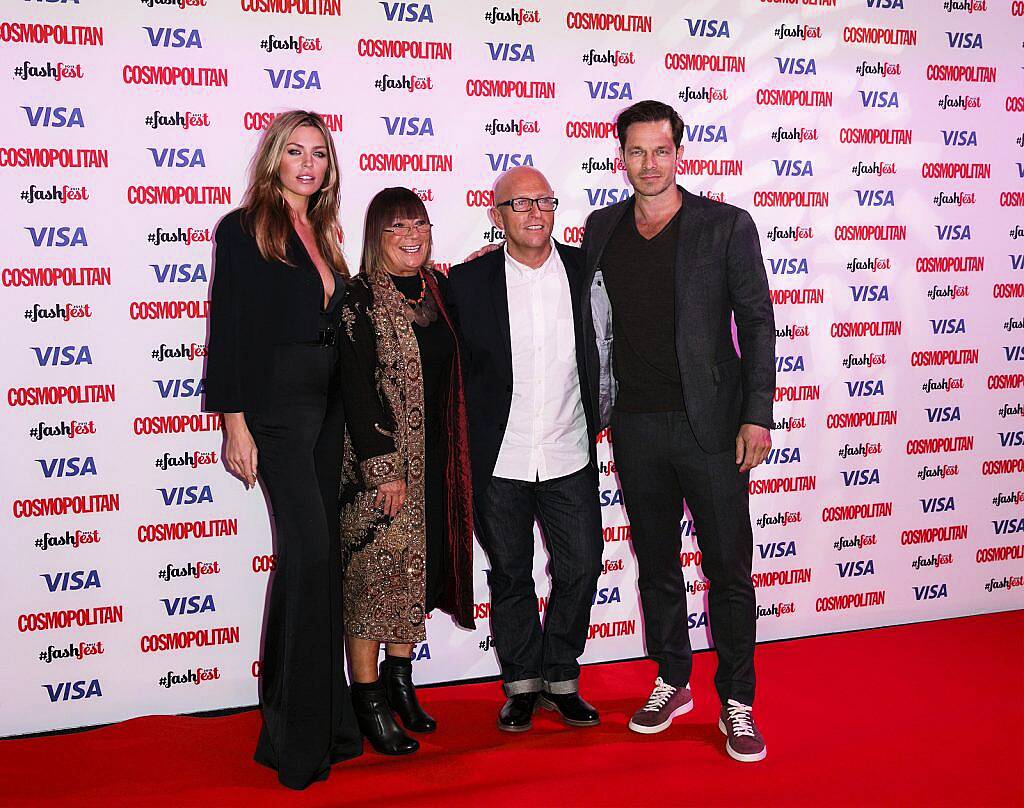 LONDON, ENGLAND - SEPTEMBER 17:  Abbey Clancy, Hilary Alexander, Nicky Johnston and Paul Sculfor attend the Catwalk to Cosmopolitan fashion show as part of the Cosmopolitan FashFest at Battersea Evolution on September 17, 2015 in London, England.  (Photo by John Phillips/Getty Images)