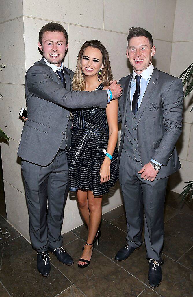 Dublin players Jack McCaffrey and Phiily McMahon with Sarah Lacey  at the Gibson Hotel All Ireland Post Match Banquet at the Gibson Hotel ,Dublin .Picture Brian mcEvoy