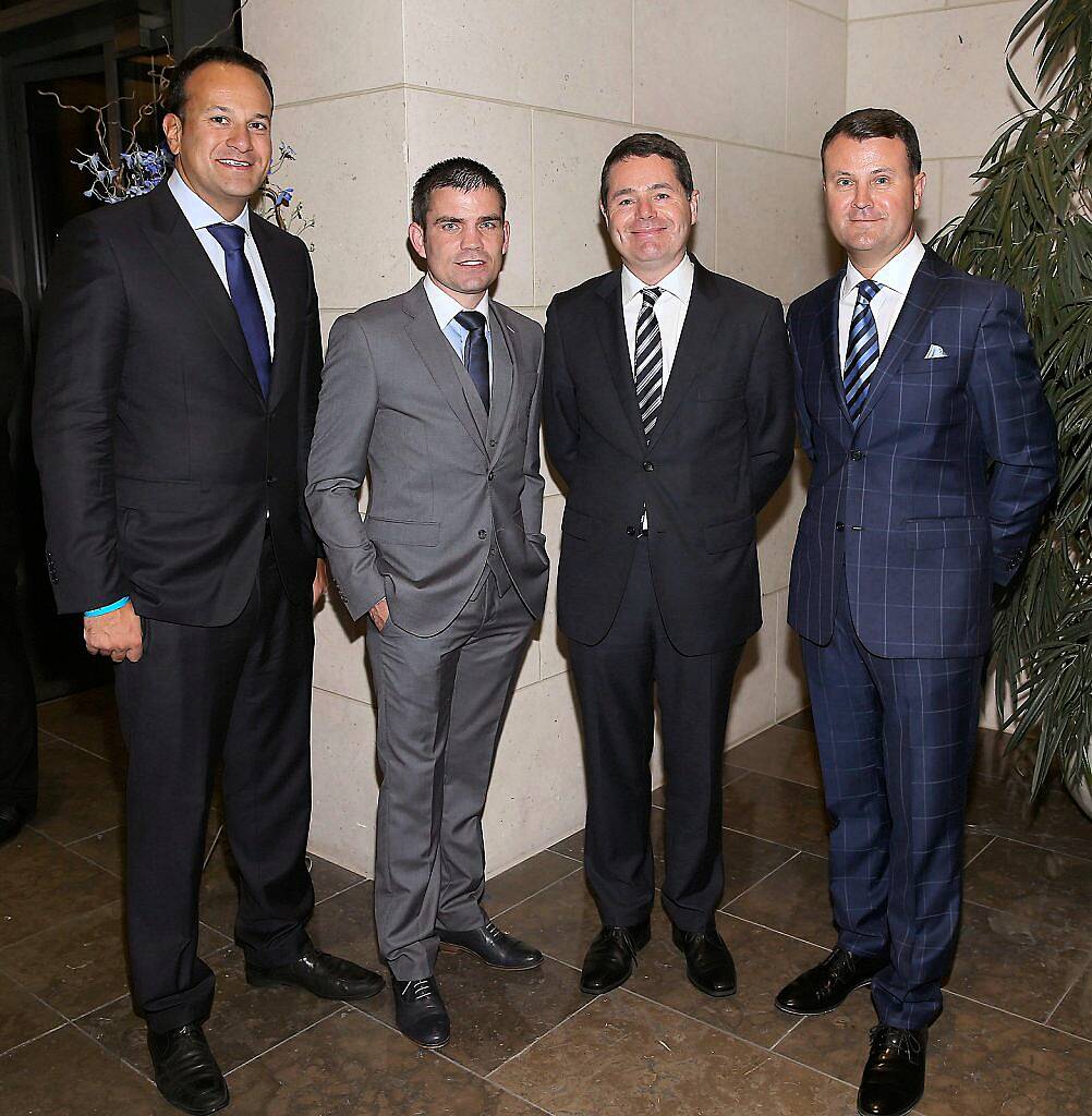 Minister for Health Leo Varadkar,Bernard Dunne , Paschal Donohoe-Minister for Sport and Nicky Logue -Gibson Hotel General Manager  at the Gibson Hotel All Ireland Post Match Banquet at the Gibson Hotel ,Dublin .Picture Brian mcEvoy.