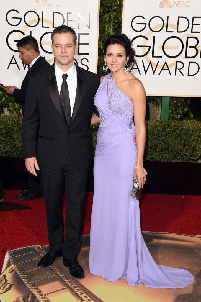 BEVERLY HILLS, CA - JANUARY 10:  Actor Matt Damon and Luciana Damon attend the 73rd Annual Golden Globe Awards held at the Beverly Hilton Hotel on January 10, 2016 in Beverly Hills, California.  (Photo by Jason Merritt/Getty Images)