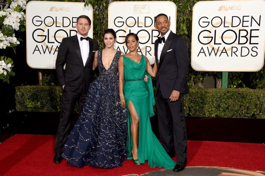 BEVERLY HILLS, CA - JANUARY 10:  (L-R) Actors Channing Tatum, Jenna Dewan Tatum, Jada Pinkett Smith, and Will Smith attend the 73rd Annual Golden Globe Awards held at the Beverly Hilton Hotel on January 10, 2016 in Beverly Hills, California.  (Photo by Jason Merritt/Getty Images)
