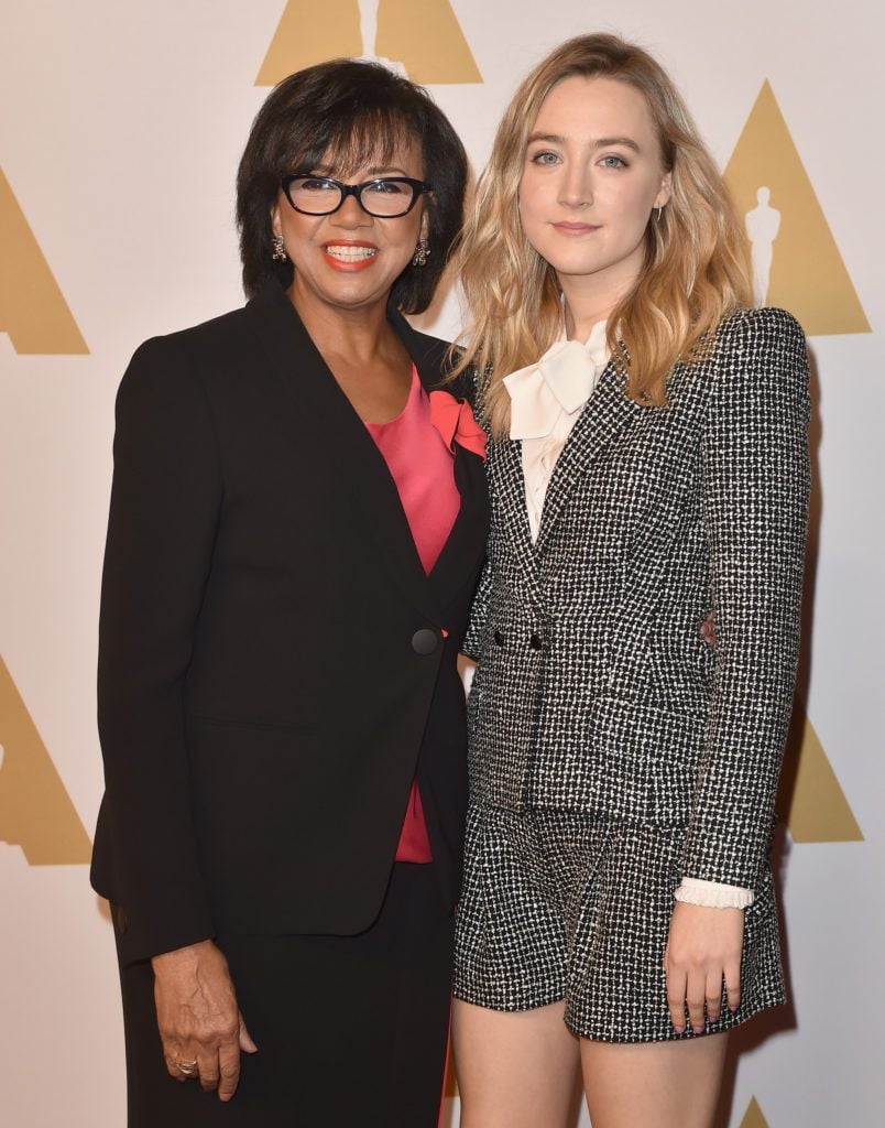 BEVERLY HILLS, CA - FEBRUARY 08:  Academy of Motion Picture Arts and Sciences President Cheryl Boone Isaacs (L) and actress Saoirse Ronan attend the 88th Annual Academy Awards nominee luncheon on February 8, 2016 in Beverly Hills, California.  (Photo by Kevin Winter/Getty Images)