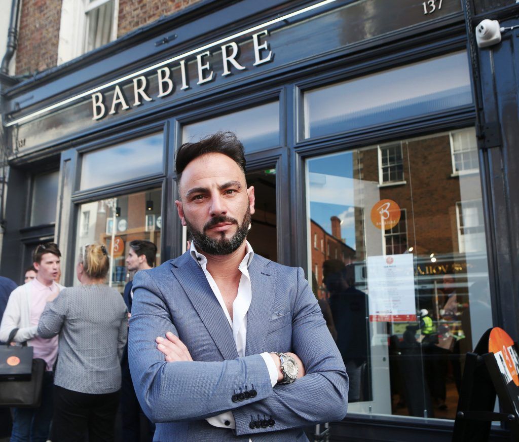 Proud owner, Enny Buono outside Dublin’s coolest Italian barber shop, Barbiere, opened its doors on Lower Baggot Street. Enny Buono, unveiled the new store to a host of Irish journalists, bloggers, stylists and professionals from the area. Photo: Leon Farrell/Photocall Ireland.  