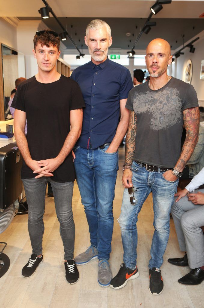 Phil Costello, Gareth Downey and Alex Sapienza at Dublin’s coolest Italian barber shop, Barbiere, opened its doors on Lower Baggot Street. Proud owner, Enny Buono, unveiled the new store to a host of Irish journalists, bloggers, stylists and professionals from the area. Photo: Leon Farrell/Photocall Ireland. 