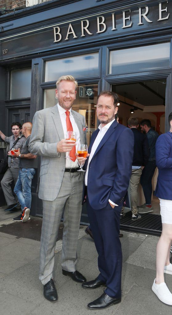 Leo O Shaughnessy and Mark Kinsella at Dublin’s coolest Italian barber shop, Barbiere, opened its doors on Lower Baggot Street. Enny Buono, unveiled the new store to a host of Irish journalists, bloggers, stylists and professionals from the area. Photo: Leon Farrell/Photocall Ireland. 