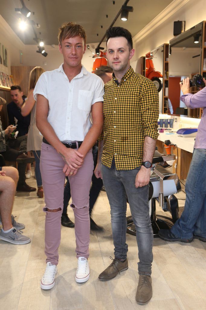 Chris Meyler and John Connors  at Dublin’s coolest Italian barber shop, Barbiere, opened its doors on Lower Baggot Street. Proud owner, Enny Buono, unveiled the new store to a host of Irish journalists, bloggers, stylists and professionals from the area. Photo: Leon Farrell/Photocall Ireland.